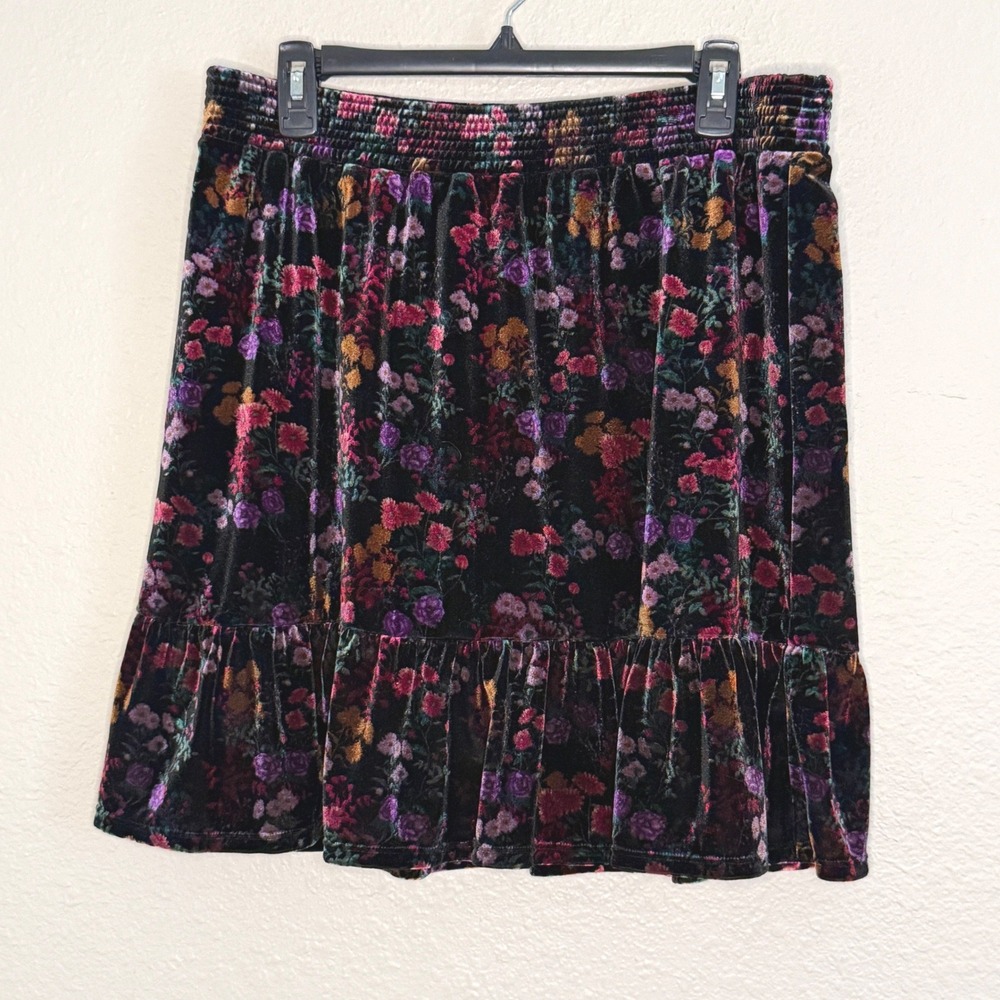 Womens Large Black Floral Velvet Skirt Ruffle Whimsigoth Fairy‎ Grunge Indie